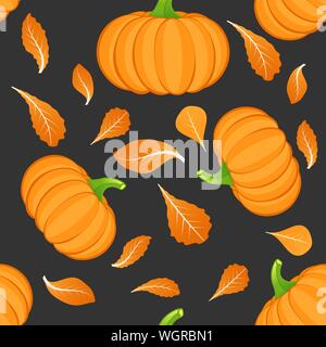 Nahtlose Muster auf dunklem Hintergrund mit orange Kürbis. Kürbis Gemüse. Herbst Hintergrund. Vector Illustration. Stock Vektor