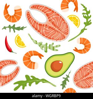 Nahtlose Muster auf weißem Hintergrund mit Garnelen, Lachs, Avocado, Rucola und Zitrone in Scheiben schneiden. Meeresfrüchte und Avocado Hintergrund. Vector Illustration. Stock Vektor