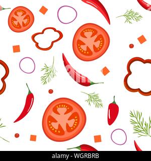 Nahtlose Muster auf weißem Hintergrund mit rotem Gemüse. Tomaten, Paprika, Peperoni, Zwiebeln und Dill. Vector Illustration. Stock Vektor