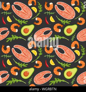 Nahtlose Muster auf dunklem Hintergrund mit Garnelen, Lachs, Avocado, Rucola und Zitrone in Scheiben schneiden. Meeresfrüchte und Avocado Hintergrund. Vector Illustration. Stock Vektor