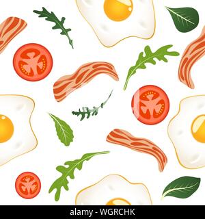 Nahtlose Muster auf weißem Hintergrund mit Spiegelei, Speck, Tomaten und Kopfsalat. Omelett, Rührei. Frühstück essen. Vector Illustration. Stock Vektor