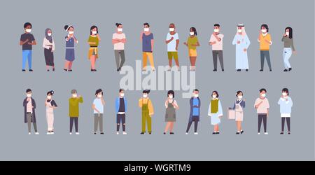 Setzen Menschen tragen Gesichtsmasken Umwelt Industrielle smog Staub giftige Luftverschmutzung und Virenschutzkonzept mix Rennen Männer Frauen Sammlung voll Stock Vektor