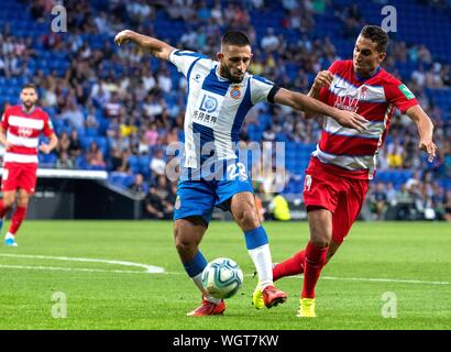 Barcelona, Spanien. 1. Sep 2019. Die RCD Espanyol Matias Vargas (L) konkurriert mit Granada's Engel Montoro Sanchez während eines Spanischen Liga Match zwischen RCD Espanyol und Granada in Barcelona, Spanien, an Sept. 1, 2019. Credit: Joan Gosa/Xinhua Stockfoto