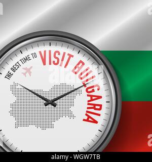 Die beste Zeit für einen Besuch in Bulgarien. Reisen nach Bulgarien. Touristische Air Flug. Wehende Flagge Hintergrund und Dots Pattern Map auf dem Zifferblatt. Vector Illustration. Stock Vektor