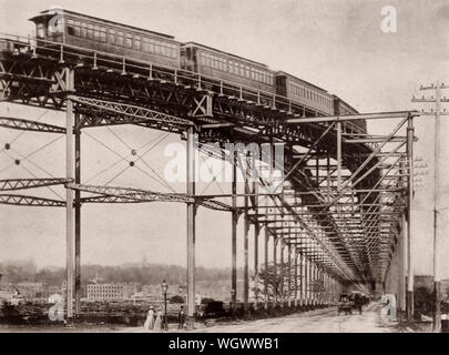 Kurve des erhöhten Eisenbahn, Eighth Avenue und 110th Street, New York City, ca. 1891 Stockfoto