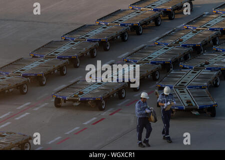 Bodencrew-Laufwagen, die für die Ladung auf Flugzeuge auf dem Vorfeld am Flughafen Haneda, Tokio, Japan, verwendet werden. Stockfoto