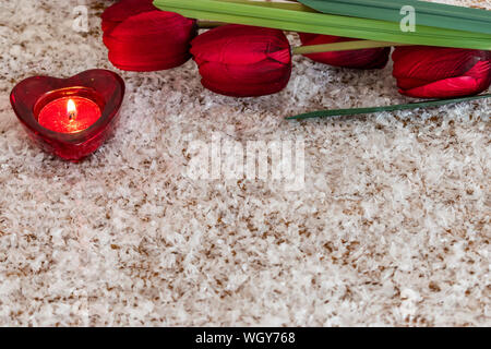 Tulpe Blume und herzförmige Kerze auf einem Schnee wie Hintergrund. Valentinstag Konzept. Stockfoto