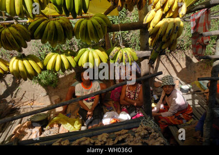 Bananen und Ingwer für Verkauf am Straßenrand stand, RN 2 zwischen Moramanga und Antananarivo, Madagaskar. Keine MR Stockfoto