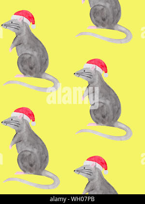 Aquarell Abbildung: Ratte das Tragen der roten Mütze. Für fabric Vorlage, Grußkarten, Kalender, Verpackung Papier drucken. Neues Jahr festliche Hand dr Stockfoto