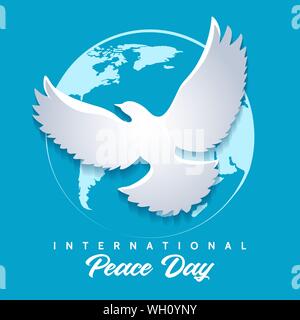 Internationaler Friedenstag Emblem. Taube des Friedens gegen Globus Silhouette. Vector Illustration Stock Vektor