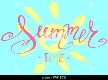 Schriftzug Sommer. Hand gezeichnet Kalligraphie. Handschriftliche Sommer Poster. Design Element für Saisonarbeiter, Banner, T-Shirts, Karten. Vector Illustration Stock Vektor