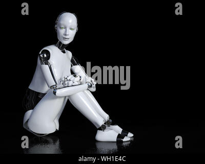 3D-Rendering eines weiblichen Roboter sitzen auf dem Boden und lächelt. Schwarzer Hintergrund mit Copyspace. Stockfoto