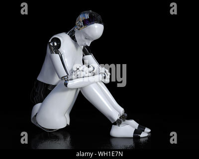 3D-Rendering eines weiblichen Roboter in der Einsamkeit auf dem Fußboden sitzen und traurig oder deprimiert. Schwarzen Hintergrund. Stockfoto