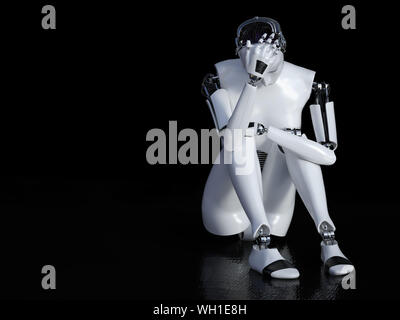 3D-Rendering eines weiblichen Roboter in der Einsamkeit auf dem Fußboden sitzen und traurig oder deprimiert. Schwarzer Hintergrund mit Copyspace. Stockfoto