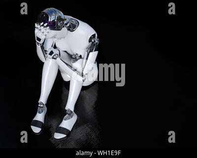 3D-Rendering eines weiblichen Roboter in der Einsamkeit auf dem Fußboden sitzen und traurig oder deprimiert. Schwarzer Hintergrund mit Copyspace. Stockfoto