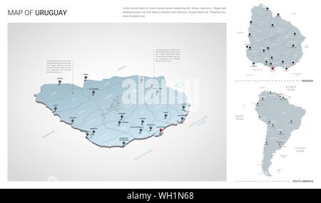 Vektor einrichten von Uruguay Land. Isometrische 3d-Karte, Uruguay, Südamerika Karte - mit Region, Staat Namen und Städtenamen. Stock Vektor