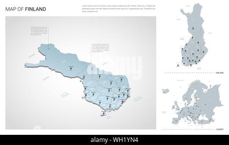 Vektor einrichten von Finnland Land. Isometrische 3d-Karte, Finnland Karte, Europa Karte - mit Region, Staat Namen und Städtenamen. Stock Vektor