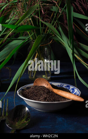 Porzellan Schale mit Mohn und Holzlöffel, süße Nudeln Dessert, Nudeln mit Mohn, Pflaumenkompott aus frischen Pflaumen, dunklen Hintergrund, blau Stockfoto