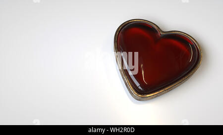 Rotes Glas Herz Ass Symbol mit goldenen Metallrahmen. Casino Konzept 3D-Bild Stockfoto