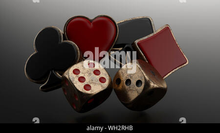 Schwarz und Rot Ace-Symbole mit goldenen Metallrahmen und goldenen Würfel. Casino Konzept 3D-Bild Stockfoto