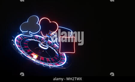 Roulette Rad und Ace-Symbole mit futuristischen blauen und roten Neonlichtern, Glücksspiel Konzept 3D-Bild Stockfoto