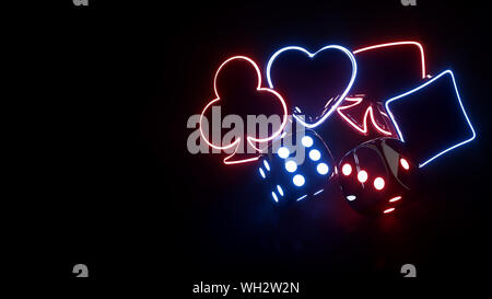 Ace-Symbole und Würfel mit futuristischen Neonlicht. Casino Konzept, auf dem schwarzen Hintergrund - 3D-Illustration isoliert Stockfoto