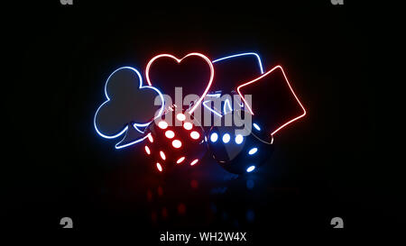 Ace-Symbole und Würfel mit futuristischen Neonlicht. Casino Konzept, auf dem schwarzen Hintergrund - 3D-Illustration isoliert Stockfoto