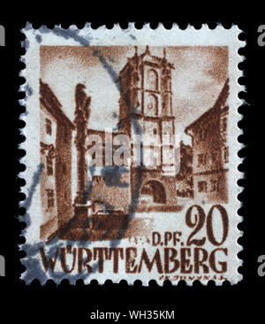 Stempel in Deutschland - Württemberg, Alliierte Besetzung 1945-1949 ausgestellt zeigt City Gate von Wangen, circa 1948. Stockfoto