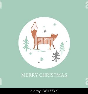 Weihnachtskarte mit Winter Wald Hintergrund. Cute Fox, Bäume und snowflaces. Vector Illustration. Stock Vektor