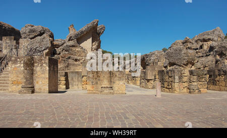 Ruinen der herrliche Amphitheater, Teil der archäologische Ensemble von Italica, Stadt mit einer strategischen Rolle im Römischen Reich, Santiponce, Sevilla Stockfoto