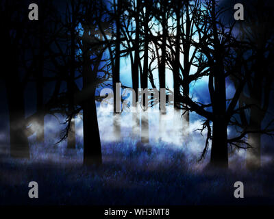 Abbildung: Der Dunkle Wald in einem blauen Nebel in der Nacht Hintergrund. Stockfoto