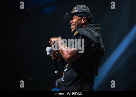 Moskau-13 NOVEMBER 2015: Rap Konzert der Hip Hop Band Wu-Tang Clan. Method Man, Raekwon, Inspectah deck, U-Gott, Masta Killa live auf der Bühne in Space Night Club Stockfoto