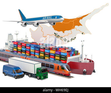 Cargo Transport- und Güterverkehr in Zypern per Schiff, Flugzeug, Bahn, LKW und Kleintransporter. 3D-Rendering auf weißem Hintergrund Stockfoto