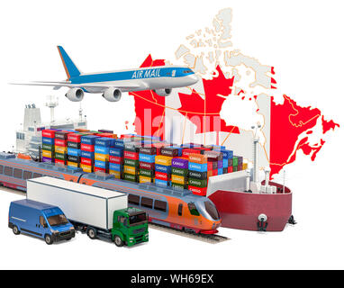 Cargo Transport- und Güterverkehr in Kanada per Schiff, Flugzeug, Bahn, LKW und Kleintransporter. 3D-Rendering auf weißem Hintergrund Stockfoto