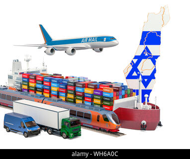 Cargo Transport- und Güterverkehr in Israel per Schiff, Flugzeug, Bahn, LKW und Kleintransporter. 3D-Rendering auf weißem Hintergrund Stockfoto