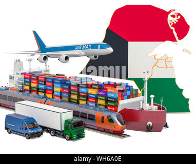 Gütertransporte und Fracht Transport in Kuwait durch Schiff, Flugzeug, Bahn, LKW und Kleintransporter. 3D-Rendering auf weißem Hintergrund Stockfoto