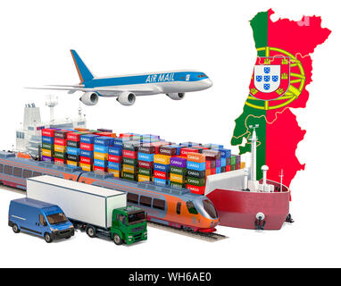 Cargo Transport- und Güterverkehr in Portugal per Schiff, Flugzeug, Bahn, LKW und Kleintransporter. 3D-Rendering auf weißem Hintergrund Stockfoto