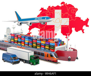 Cargo Transport- und Güterverkehr in der Schweiz per Schiff, Flugzeug, Bahn, LKW und Kleintransporter. 3D-Rendering auf weißem Hintergrund Stockfoto