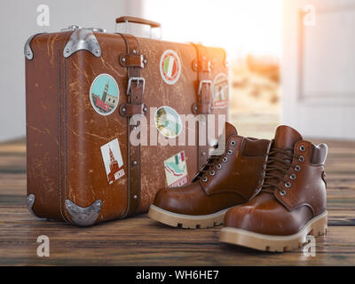 Home Willkommen, homecoming, Reise und Tourismus Konzept. Vintage Koffer mit alten Stiefel vor der Tür öffnen, 3D-Darstellung Stockfoto