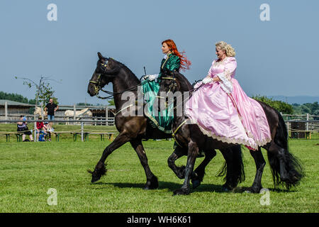 Schloss Hof Großes Pferdefest 2019 Große Equestrian Show auf Schloss Hof Schloss mit zwei Frauen reiten auf einer Seite Sattel Stockfoto