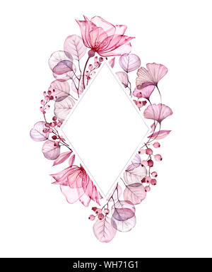 Aquarell transparente Blumenmuster vertikale Vario frame von Rosen, Blätter, lila Beeren und Zweige. Von Hand bemalt Jahrgang Illustration für Text- und Stockfoto