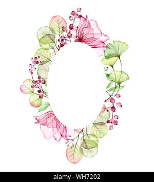 Aquarell Transparent Rose vertikale Ovaler Rahmen von Blumen, Blätter, Beeren und Eukalyptus Filialen. Handgemalten floralen Jahrgang Illustration für Text Stockfoto