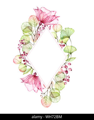 Aquarell transparente Blumenmuster vertikale Vario frame von Rosen, Blätter, Beeren und Eukalyptus Filialen. Von Hand bemalt Jahrgang Illustration für Text- und Stockfoto