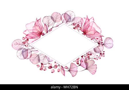Aquarell transparente Blumenmuster horizontale Vario frame von Rosen, Blätter, lila Beeren und Zweige. Von Hand bemalt Jahrgang Illustration für Text- und Stockfoto