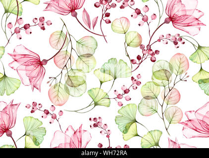 Transparente aquarell Rose. Nahtlose floralen Muster. Isolierte Hand gezeichnet mit großen Blüten, Eukalyptus und Beeren für Wallpaper Design, Textil Stockfoto