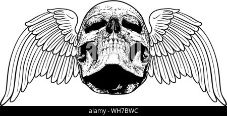 Winged Skull Vintage Holzschnitt Abbildung Stock Vektor
