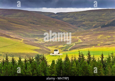 CORGARFF CASTLE ABERDEENSHIRE SCHOTTLAND DIE WEISSE FESTUNG GESEHEN VOM LECHT Straße mit lila heidekraut AUF DEN HÜGELN im Spätsommer Stockfoto