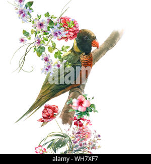 Aquarell Malerei mit Vogel- und Blumen, auf weißem Hintergrund Stockfoto