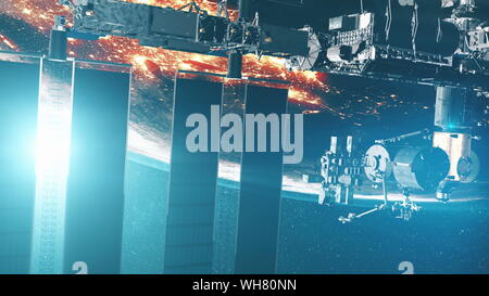 Internationale Raumstation im Weltall gegen rotierenden Planeten Erde mit weißer Umrandung. 3D-Render Animation. Wissenschaft und Technologie Konzept. Elemente dieser Medien durch die NASA eingerichtet Stockfoto