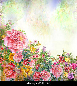 Abstrakte bunte Blumen Aquarell Malerei. Frühling bunt in der Natur Stockfoto